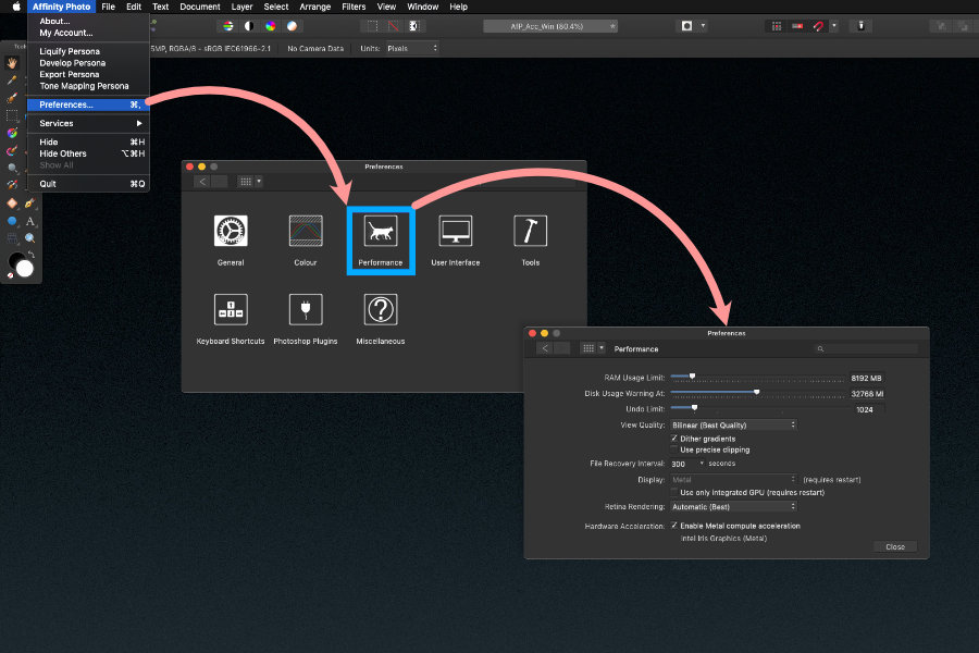 Affinity Photo 硬體加速設定位置 - Mac 版